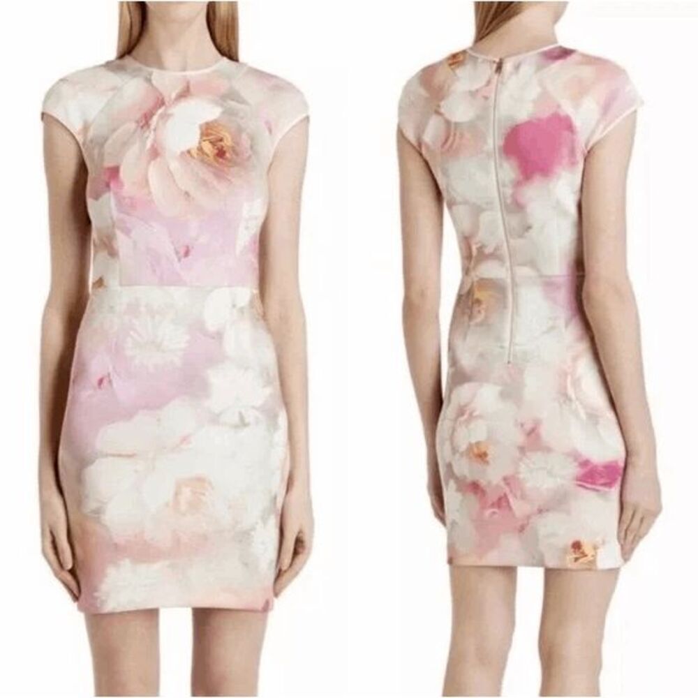 Ted Baker London Women's Floral Pink Quaro Rose On Canvas Neoprene Cap Sleeve Dr